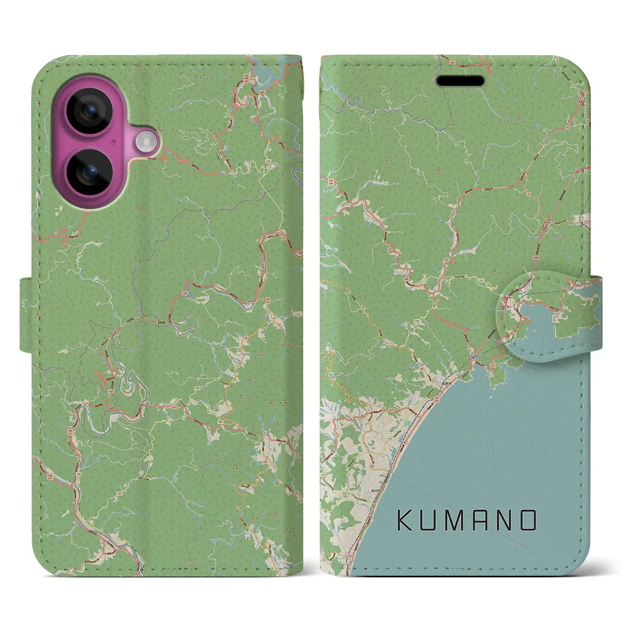 【熊野（三重県）】地図柄iPhoneケース（手帳タイプ）ナチュラル・iPhone 16 Pro 用