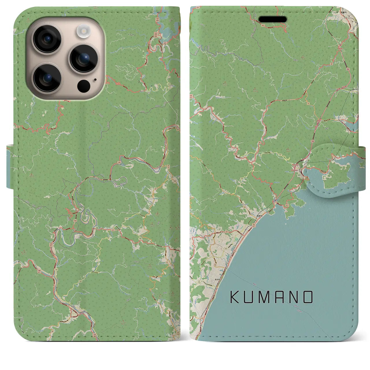 【熊野（三重県）】地図柄iPhoneケース（手帳タイプ）ナチュラル・iPhone 16 Plus 用