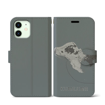 【久米島（沖縄県）】地図柄iPhoneケース（手帳タイプ）モノトーン・iPhone 12 mini 用