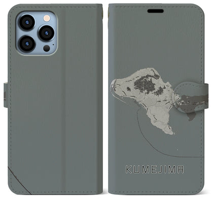 【久米島（沖縄県）】地図柄iPhoneケース（手帳タイプ）モノトーン・iPhone 13 Pro Max 用