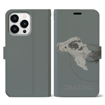 【久米島（沖縄県）】地図柄iPhoneケース（手帳タイプ）モノトーン・iPhone 13 Pro 用