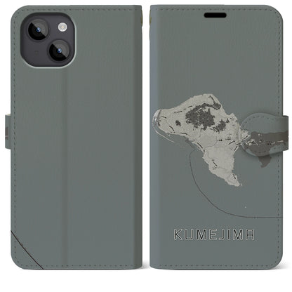【久米島（沖縄県）】地図柄iPhoneケース（手帳タイプ）モノトーン・iPhone 14 Plus 用