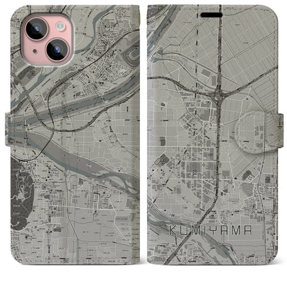 【久御山（京都府）】地図柄iPhoneケース（手帳タイプ）モノトーン・iPhone 15 Plus 用