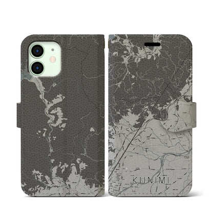 【国見（福島県）】地図柄iPhoneケース（手帳タイプ）モノトーン・iPhone 12 mini 用