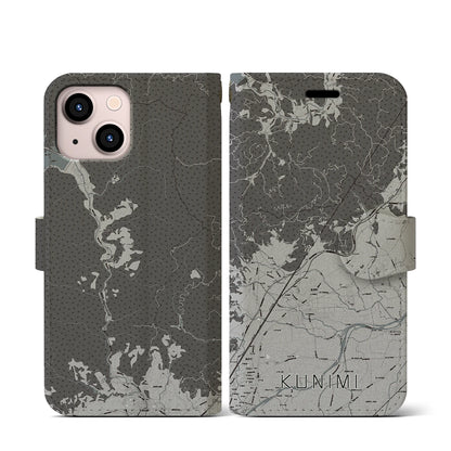 【国見（福島県）】地図柄iPhoneケース（手帳タイプ）モノトーン・iPhone 13 mini 用