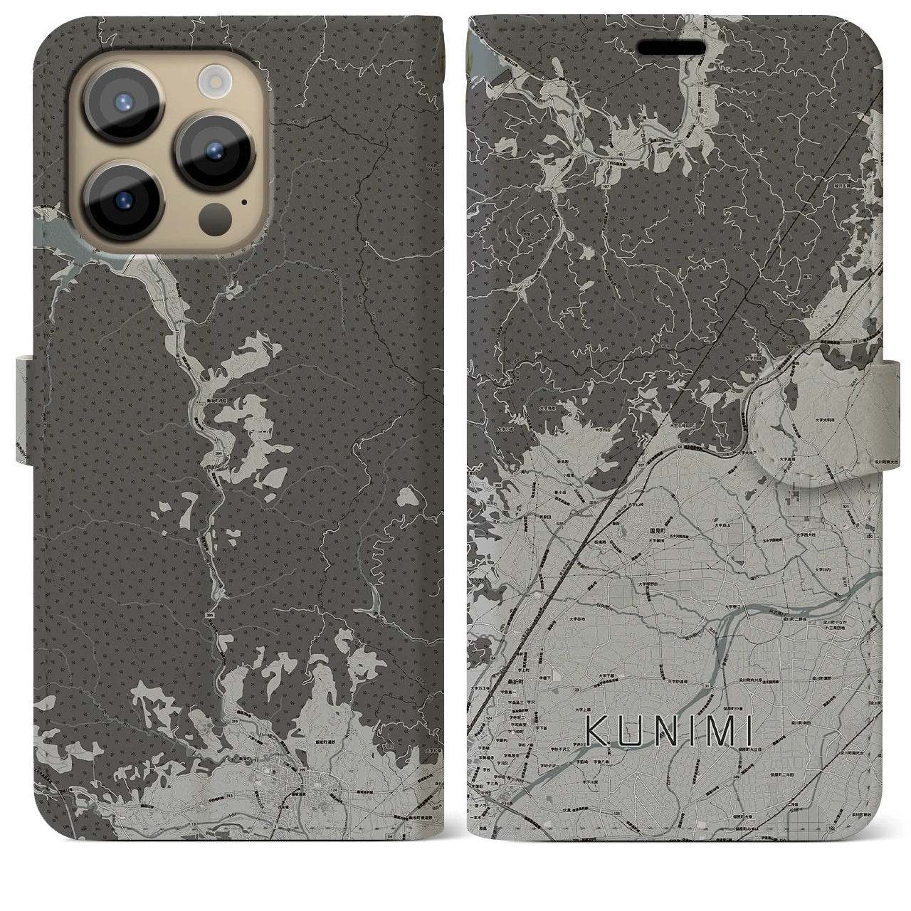 【国見（福島県）】地図柄iPhoneケース（手帳両面タイプ・モノトーン）iPhone 14 Pro Max 用