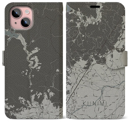 【国見（福島県）】地図柄iPhoneケース（手帳タイプ）モノトーン・iPhone 15 Plus 用