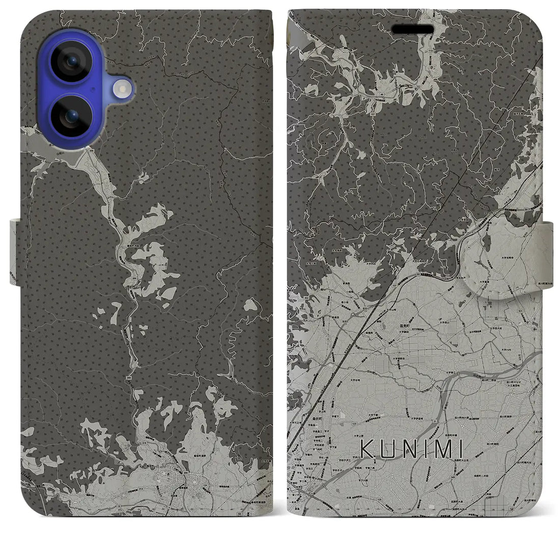 【国見(福島県)】地図柄iPhoneケース(手帳タイプ)モノトーン・iPhone 16 Pro Max 用