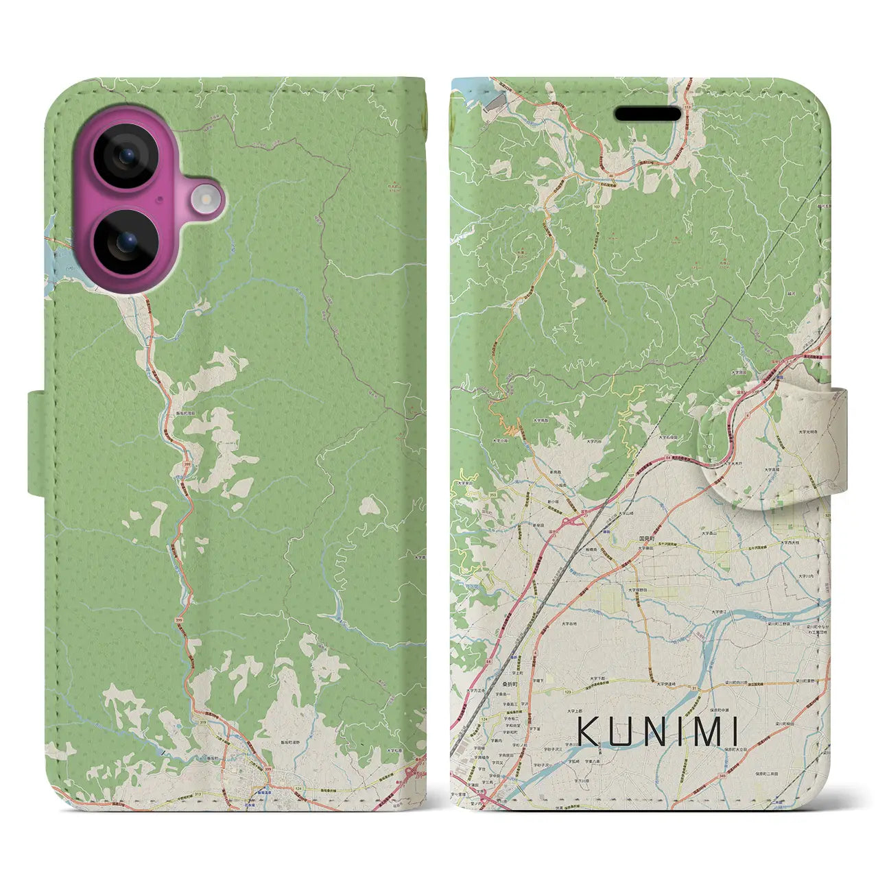 【国見（福島県）】地図柄iPhoneケース（手帳タイプ）ナチュラル・iPhone 16 Pro 用