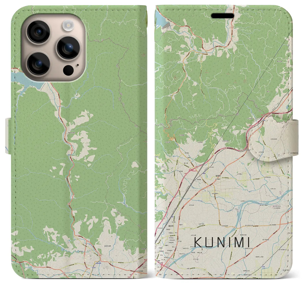 【国見（福島県）】地図柄iPhoneケース（手帳タイプ）ナチュラル・iPhone 16 Plus 用