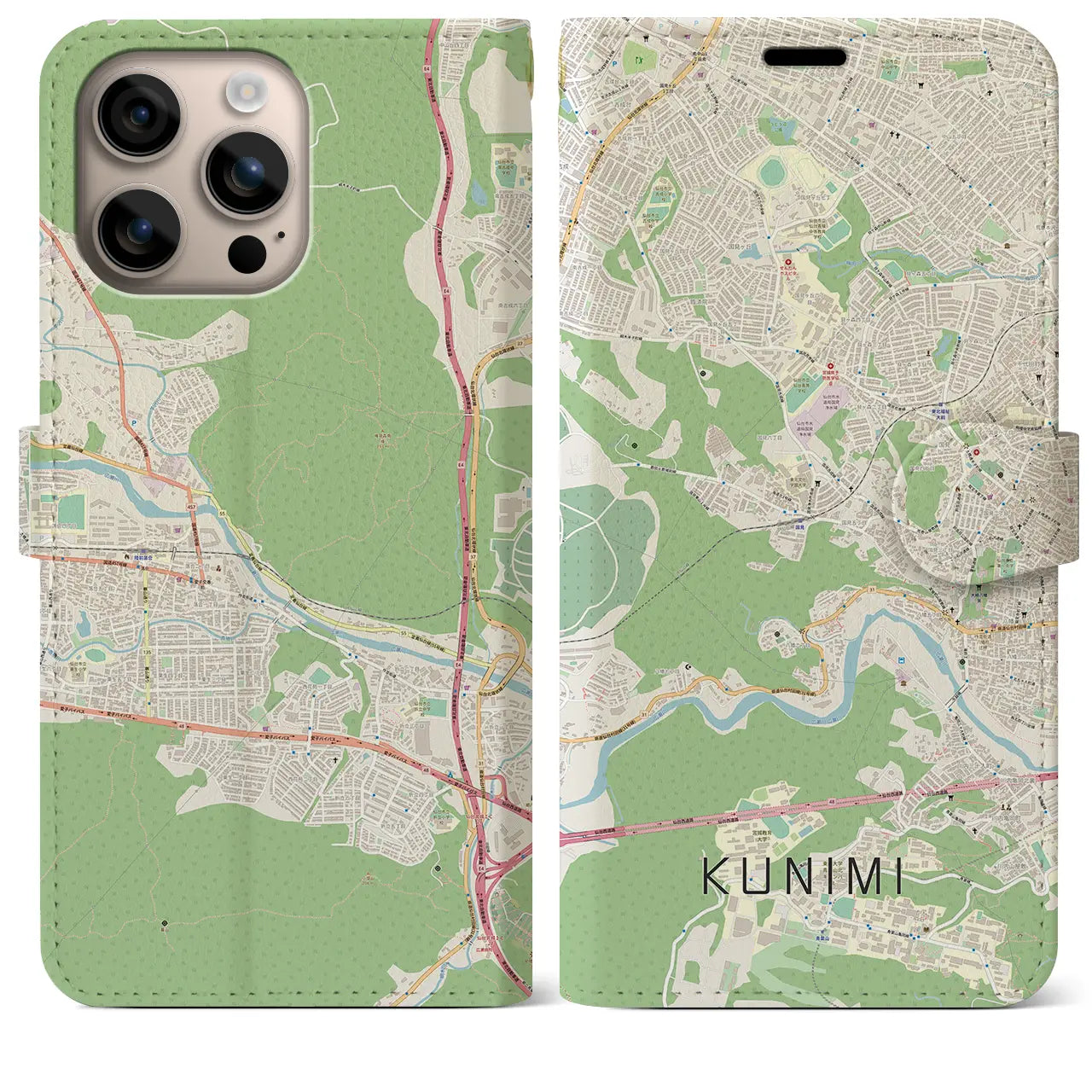 【国見（宮城県）】地図柄iPhoneケース（手帳タイプ）ナチュラル・iPhone 16 Plus 用