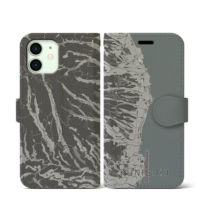【国東（大分県）】地図柄iPhoneケース（手帳タイプ）モノトーン・iPhone 12 mini 用