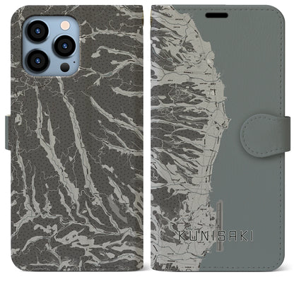 【国東（大分県）】地図柄iPhoneケース（手帳タイプ）モノトーン・iPhone 13 Pro Max 用