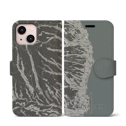 【国東（大分県）】地図柄iPhoneケース（手帳タイプ）モノトーン・iPhone 13 mini 用