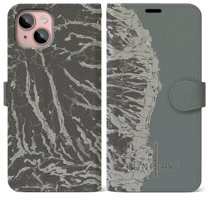 【国東（大分県）】地図柄iPhoneケース（手帳タイプ）モノトーン・iPhone 15 Plus 用