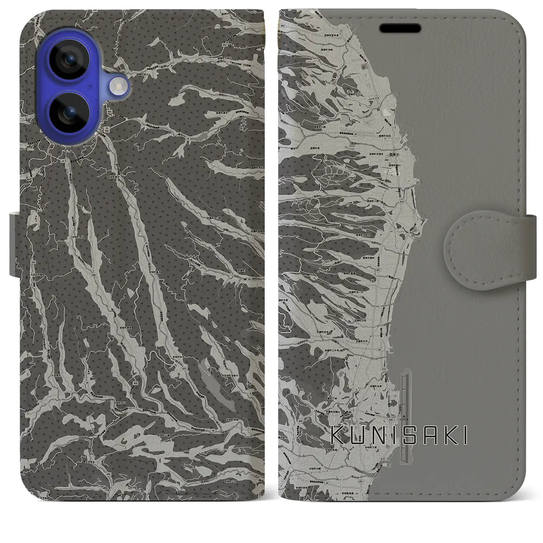 【国東(大分県)】地図柄iPhoneケース(手帳タイプ)モノトーン・iPhone 16 Pro Max 用