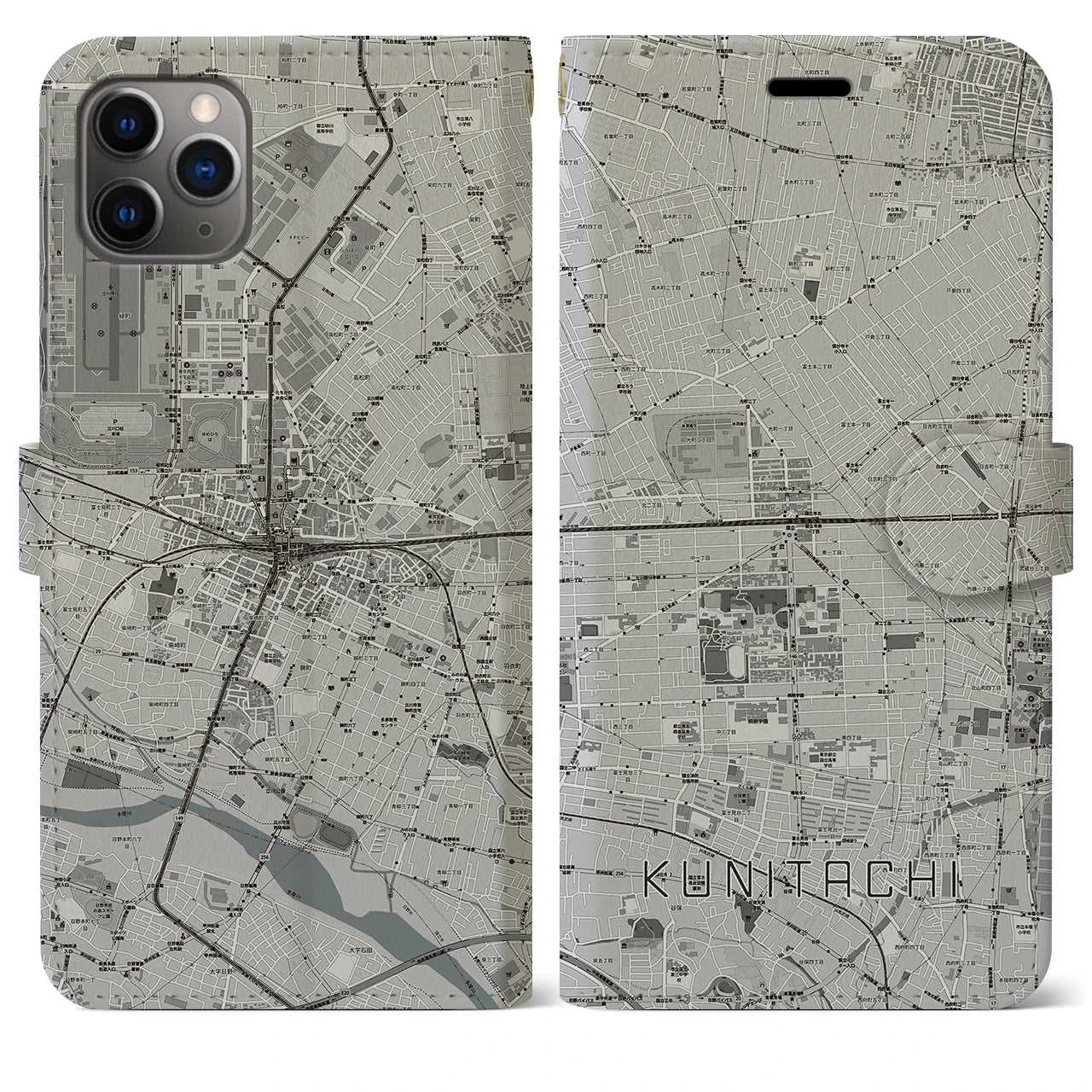 【国立2】地図柄iPhoneケース（手帳両面タイプ・モノトーン）iPhone 11 Pro Max 用