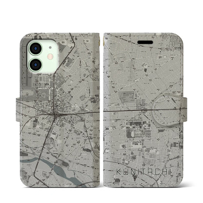 【国立2（東京都）】地図柄iPhoneケース（手帳タイプ）モノトーン・iPhone 12 mini 用