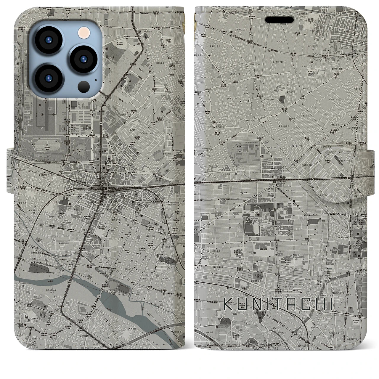 【国立2】地図柄iPhoneケース（手帳両面タイプ・モノトーン）iPhone 13 Pro Max 用