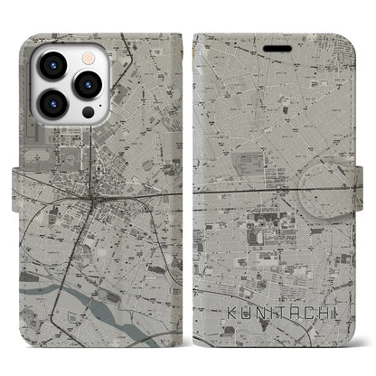 【国立2（東京都）】地図柄iPhoneケース（手帳タイプ）モノトーン・iPhone 13 Pro 用