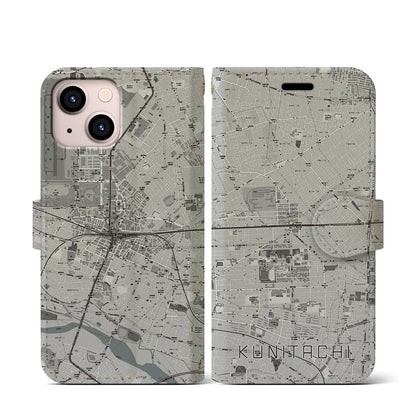 【国立2（東京都）】地図柄iPhoneケース（手帳タイプ）モノトーン・iPhone 13 mini 用