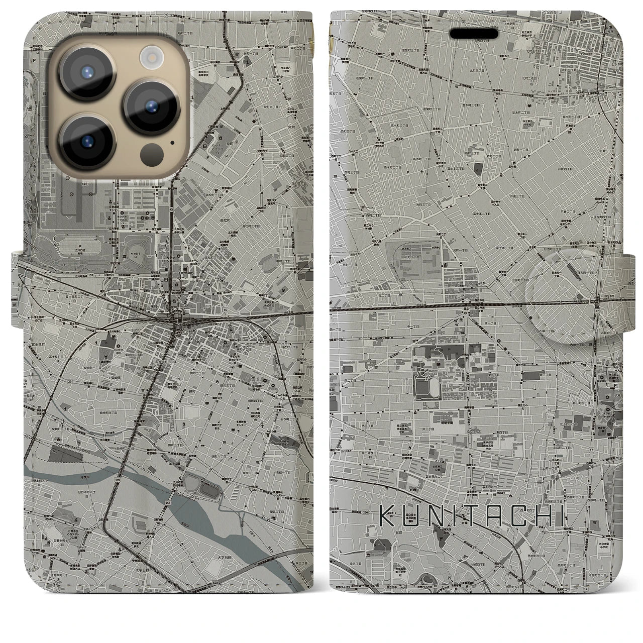 【国立2】地図柄iPhoneケース（手帳両面タイプ・モノトーン）iPhone 14 Pro Max 用