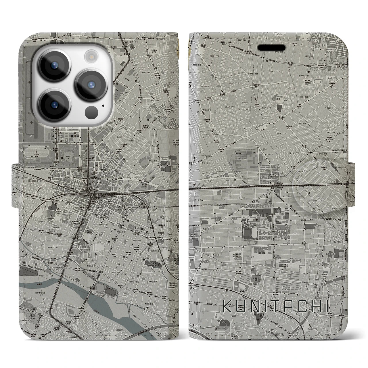 【国立2】地図柄iPhoneケース（手帳両面タイプ・モノトーン）iPhone 14 Pro 用