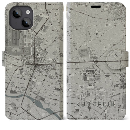 【国立2（東京都）】地図柄iPhoneケース（手帳タイプ）モノトーン・iPhone 14 Plus 用