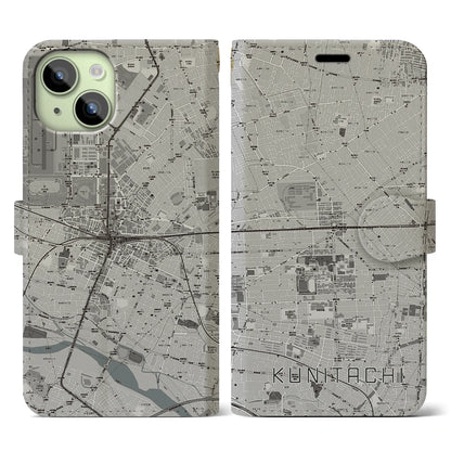 【国立2（東京都）】地図柄iPhoneケース（手帳タイプ）モノトーン・iPhone 15 用