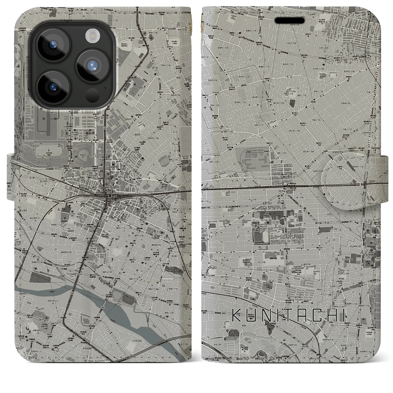 【国立2】地図柄iPhoneケース（手帳両面タイプ・モノトーン）iPhone 15 Pro Max 用