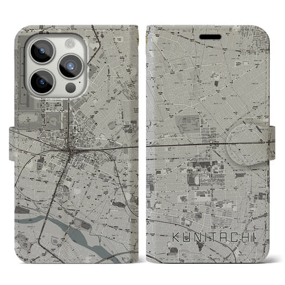 【国立2（東京都）】地図柄iPhoneケース（手帳タイプ）モノトーン・iPhone 15 Pro 用