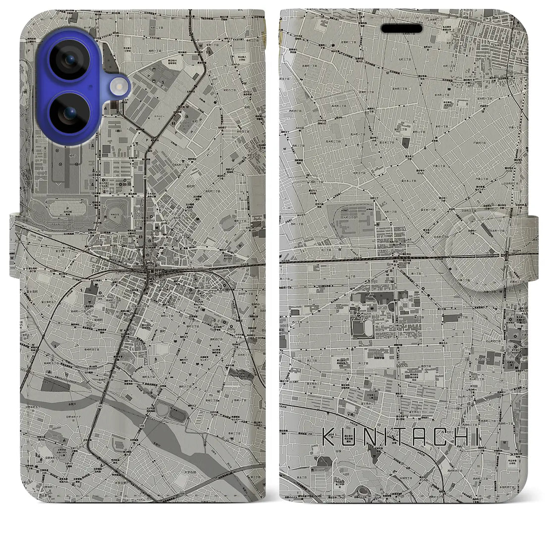 【国立2(東京都)】地図柄iPhoneケース(手帳タイプ)モノトーン・iPhone 16 Pro Max 用