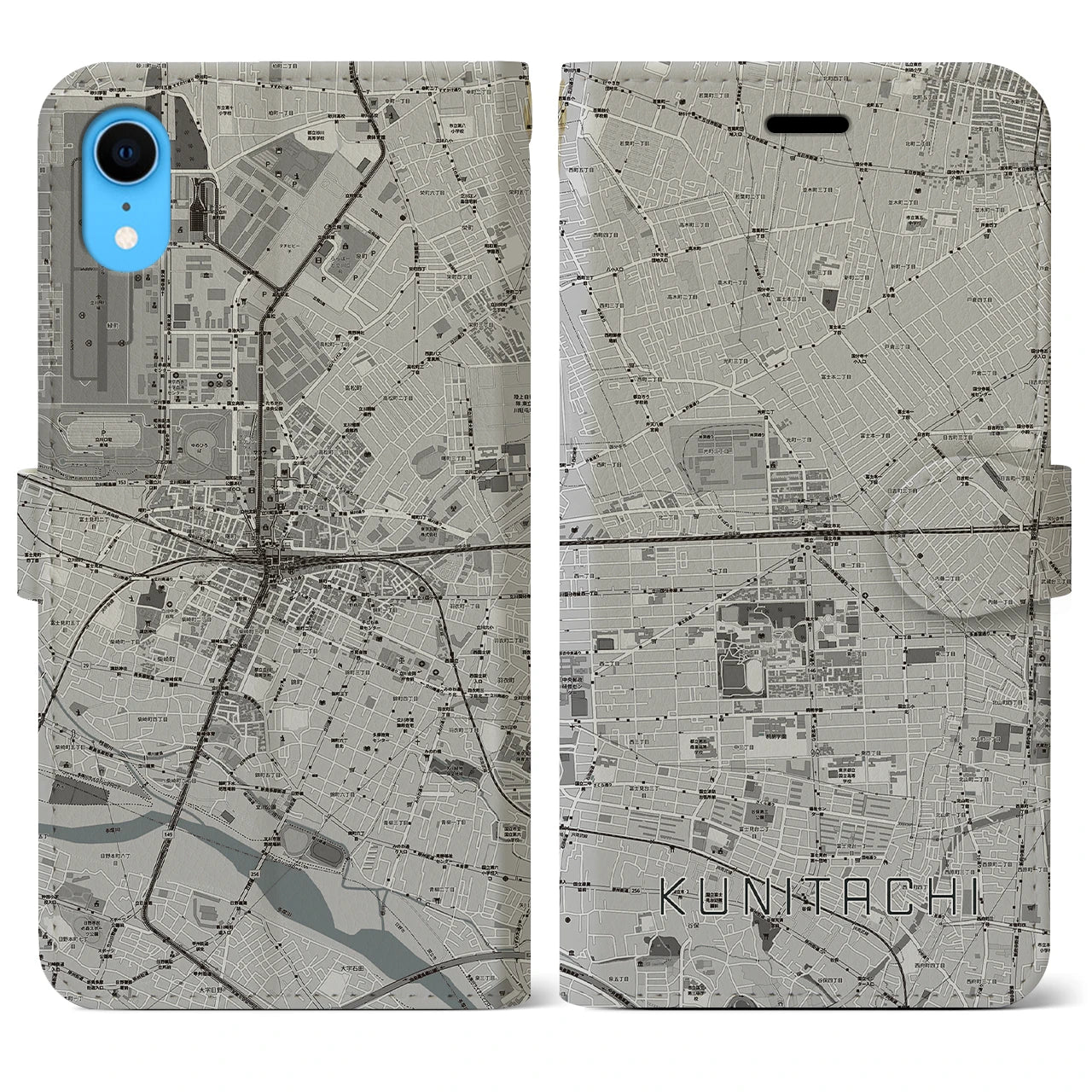 【国立2】地図柄iPhoneケース（手帳両面タイプ・モノトーン）iPhone XR 用