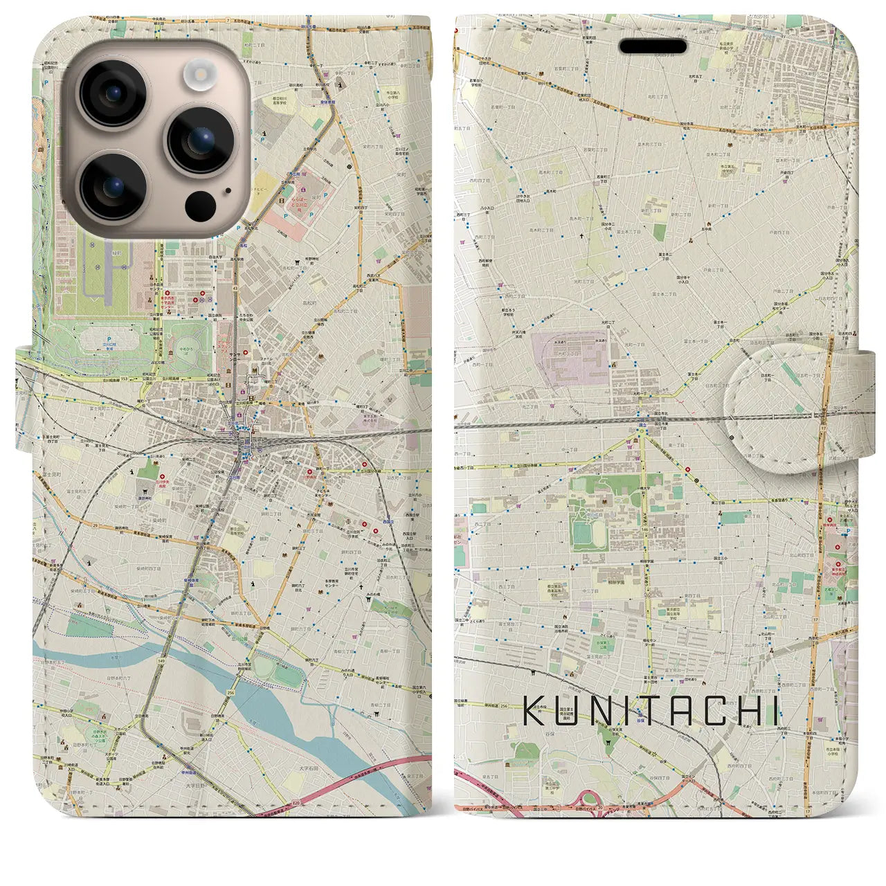 【国立2（東京都）】地図柄iPhoneケース（手帳タイプ）ナチュラル・iPhone 16 Plus 用