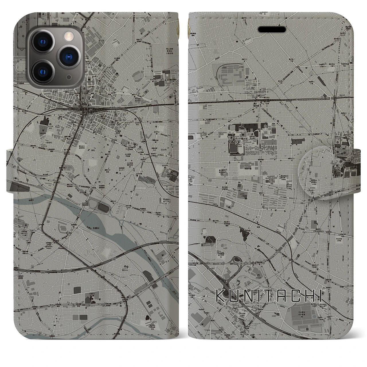 【国立】地図柄iPhoneケース（手帳両面タイプ・モノトーン）iPhone 11 Pro Max 用