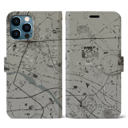 【国立（東京都）】地図柄iPhoneケース（手帳タイプ）モノトーン・iPhone 12 / 12 Pro 用