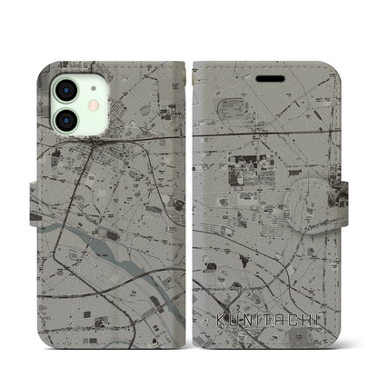 【国立（東京都）】地図柄iPhoneケース（手帳タイプ）モノトーン・iPhone 12 mini 用