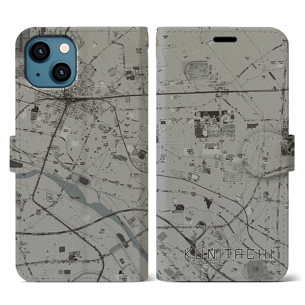 【国立】地図柄iPhoneケース（手帳両面タイプ・モノトーン）iPhone 13 用