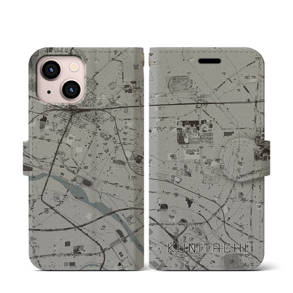 【国立（東京都）】地図柄iPhoneケース（手帳タイプ）モノトーン・iPhone 13 mini 用