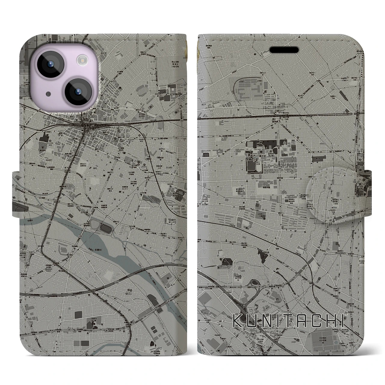 【国立】地図柄iPhoneケース（手帳両面タイプ・モノトーン）iPhone 14 用