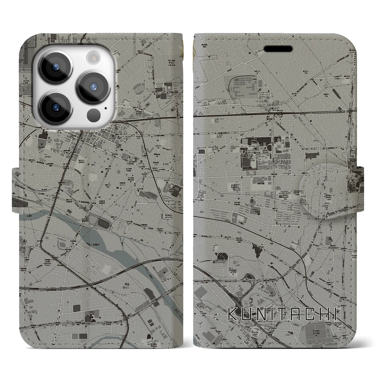 【国立】地図柄iPhoneケース（手帳両面タイプ・モノトーン）iPhone 14 Pro 用