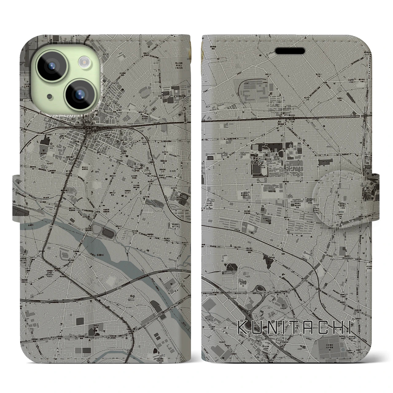 【国立】地図柄iPhoneケース（手帳両面タイプ・モノトーン）iPhone 15 用