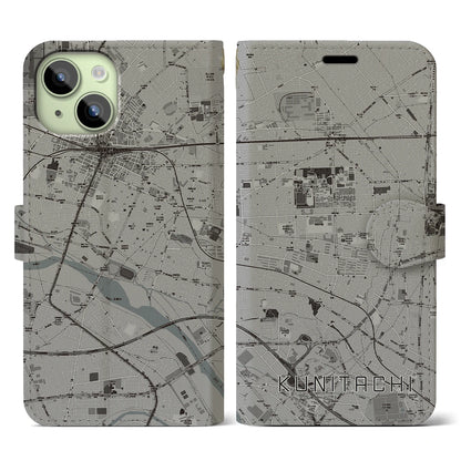 【国立（東京都）】地図柄iPhoneケース（手帳タイプ）モノトーン・iPhone 15 用