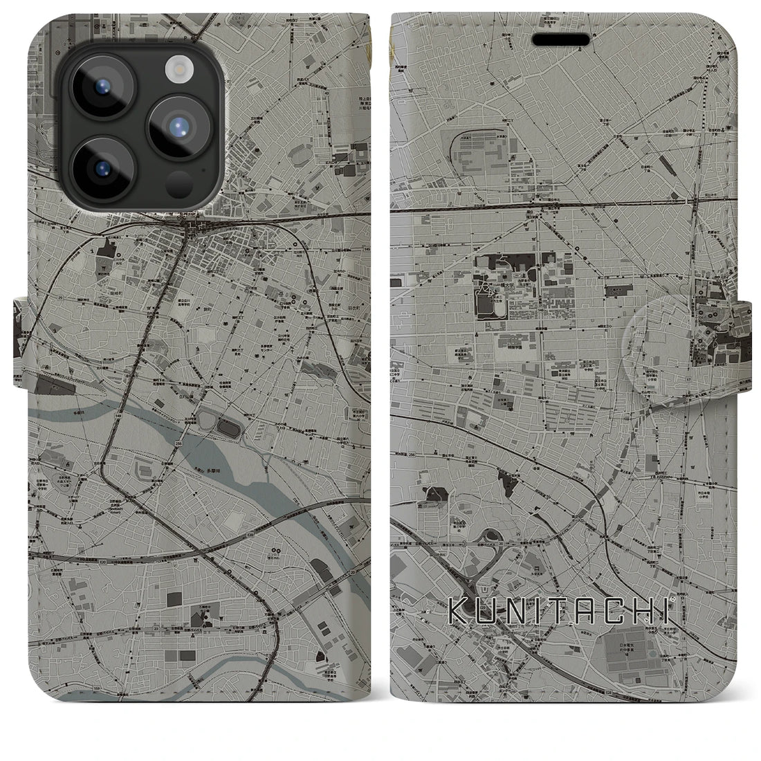 【国立】地図柄iPhoneケース（手帳両面タイプ・モノトーン）iPhone 15 Pro Max 用