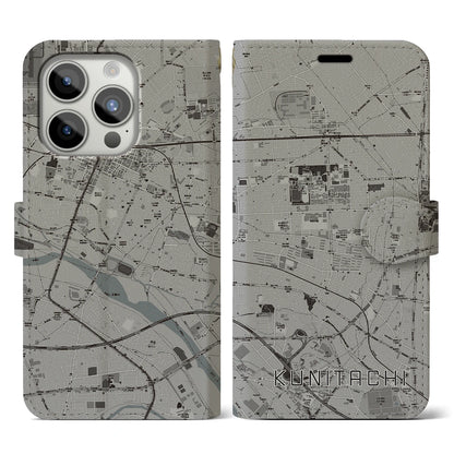 【国立（東京都）】地図柄iPhoneケース（手帳タイプ）モノトーン・iPhone 15 Pro 用