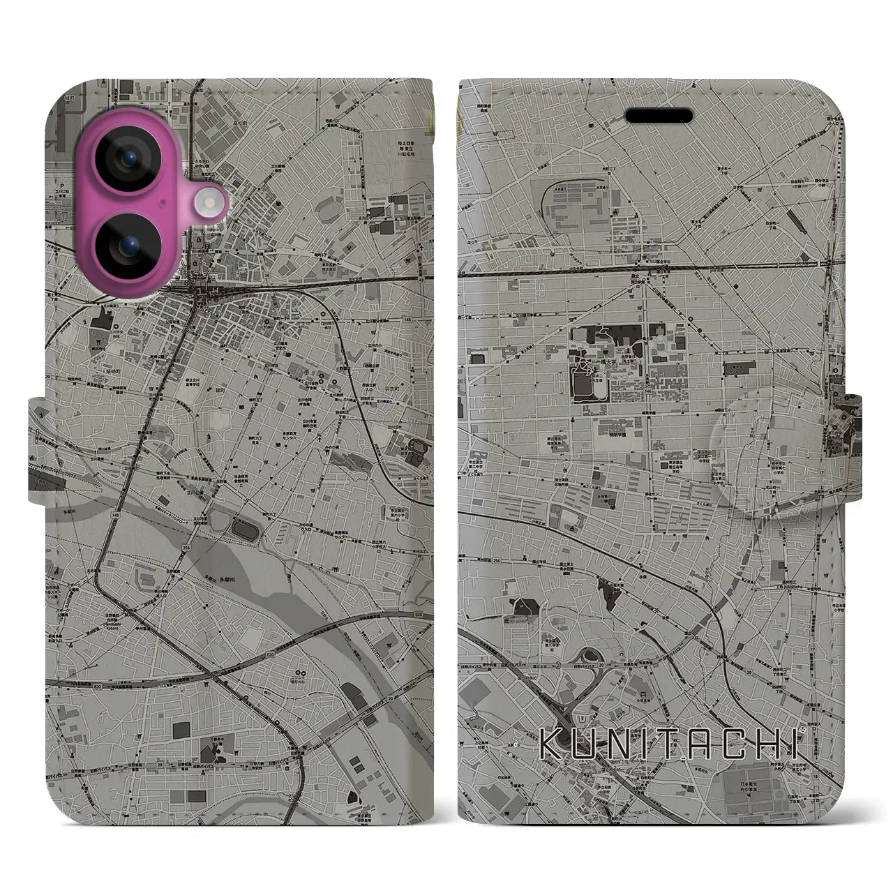 【国立（東京都）】地図柄iPhoneケース（手帳タイプ）モノトーン・iPhone 16 Pro 用