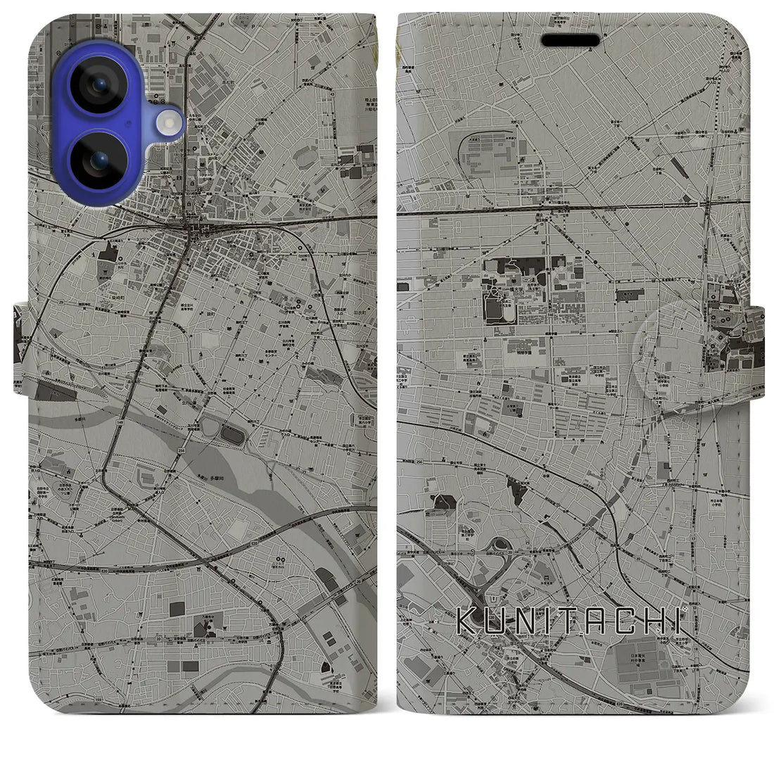 【国立(東京都)】地図柄iPhoneケース(手帳タイプ)モノトーン・iPhone 16 Pro Max 用