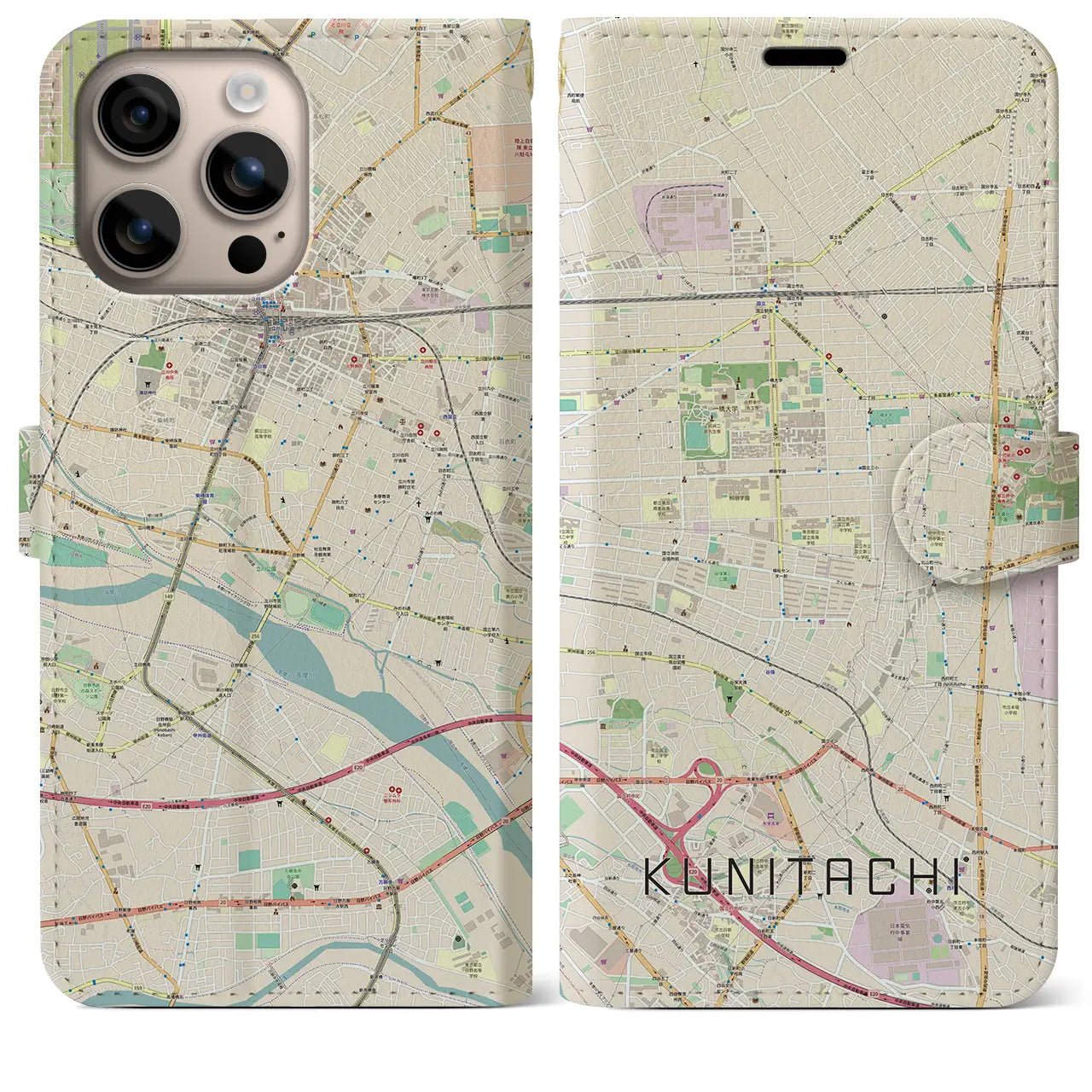 【国立（東京都）】地図柄iPhoneケース（手帳タイプ）ナチュラル・iPhone 16 Plus 用