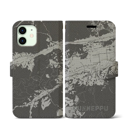 【訓子府（北海道）】地図柄iPhoneケース（手帳タイプ）モノトーン・iPhone 12 mini 用