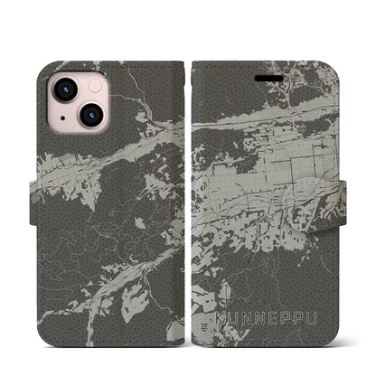 【訓子府（北海道）】地図柄iPhoneケース（手帳タイプ）モノトーン・iPhone 13 mini 用